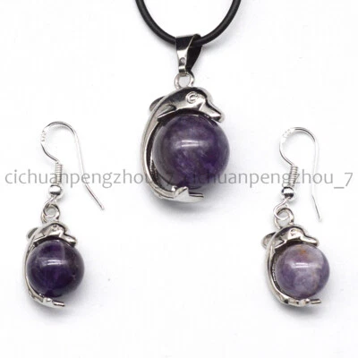 Collar Colgante Bola Delfín Amatista Púrpura 14mm + Juego de Joyas Pendientes 10mm Foto 1 de 3