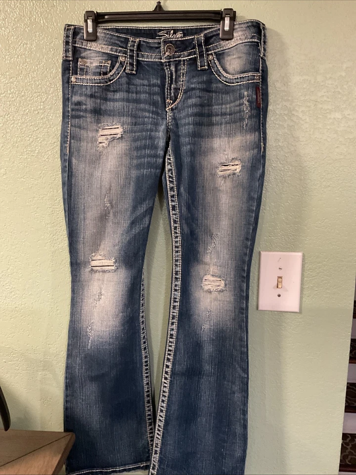 Jeans plateados Pioneer Bootcut para mujer talla 29x31 bolsillos con solapa bordados  Foto 1 de 4