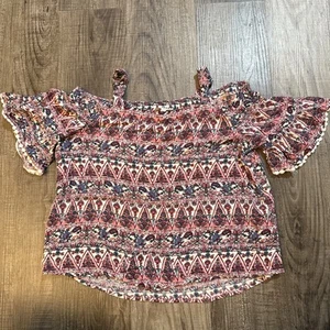 Monteau Girl Cold Shoulder Blouse Boho Sz 12 Floral Pom Pom Trim Bell Sleeve - Picture 1 of 3