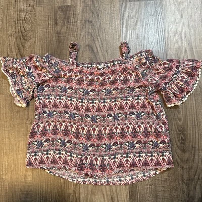 Blusa Boho Monteau Niña Hombro Frío Talla 12 Floral Pom Pom Ribete Manga Campana Foto 1 de 3