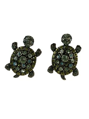 Heidi Daus Turtle Earrings Green & Blue Rhinestone Crystal 1.25” Clip-On Signed - Image 1 of 4