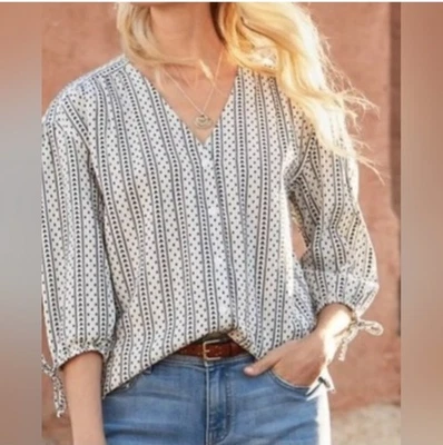 Garnet Hill Blouse Womens 10 Dobby Organic Cotton Embroidered Button V-neck Boho - Image 1 of 4