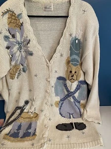 VTG KATHIE LEE Cardigan 3XL HOLIDAY BEAR CHRISTMAS Cable Knit Sweater Cream - Picture 1 of 16