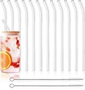 12 Pack Reusable Glass Straws - 8" x 8 MM, Bent Glass Drinking Straws with 2 ... - Picture 1 of 4