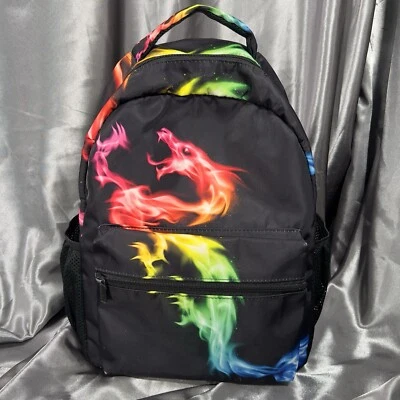 15" Dragon Backpack Fire Flames Black Rainbow Book Bag School Summer Travel Gear - Image 1 of 4