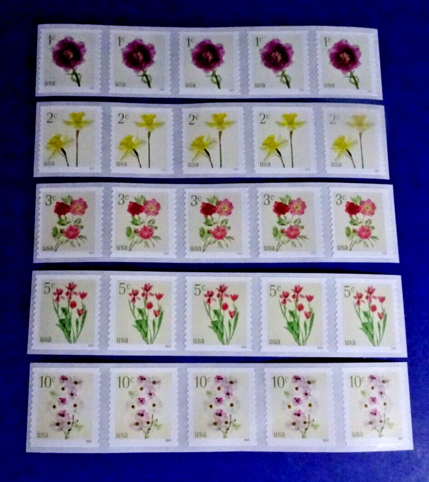 US FLOWERS NEW ISSUE DATE 7/18/24 (1c,2c,3c,5c,10c) SET OF "5" COIL STRIPES OF 5 - Image 1 of 1