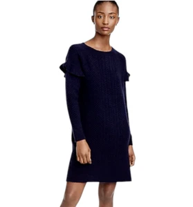 NUEVO CON ETIQUETAS J.CREW Mujeres Suéter Vestido XL Azul Marino Tejido con Cable Mezcla de Lana Manga con Volantes - Imagen 1 de 12