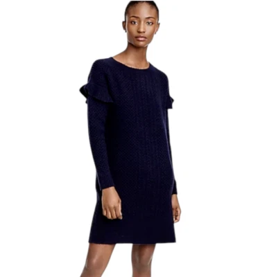 NWT J.CREW Women Sweater Dress XL Navy Blue Cable Knit Wool Blend Ruffle Sleeve - Image 1 of 4