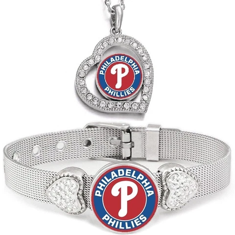 2PcSet Philadelphia Phillies Womens Sterling Silver Necklace With Bracelet Cover