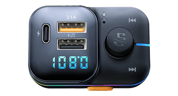 Car Bluetooth 5.3 FM Transmitter, Dual USB 3.1A/1A, Ambient Lighting, TF Card Su - Image 1 of 4