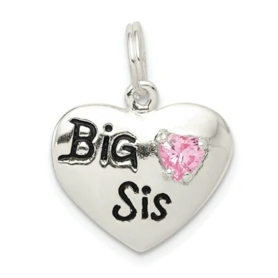 925 Argento Sterling Bambini Zirconia Cubica Big Sis Cuore Ciondolo Massiccio - Immagine 1 di 3