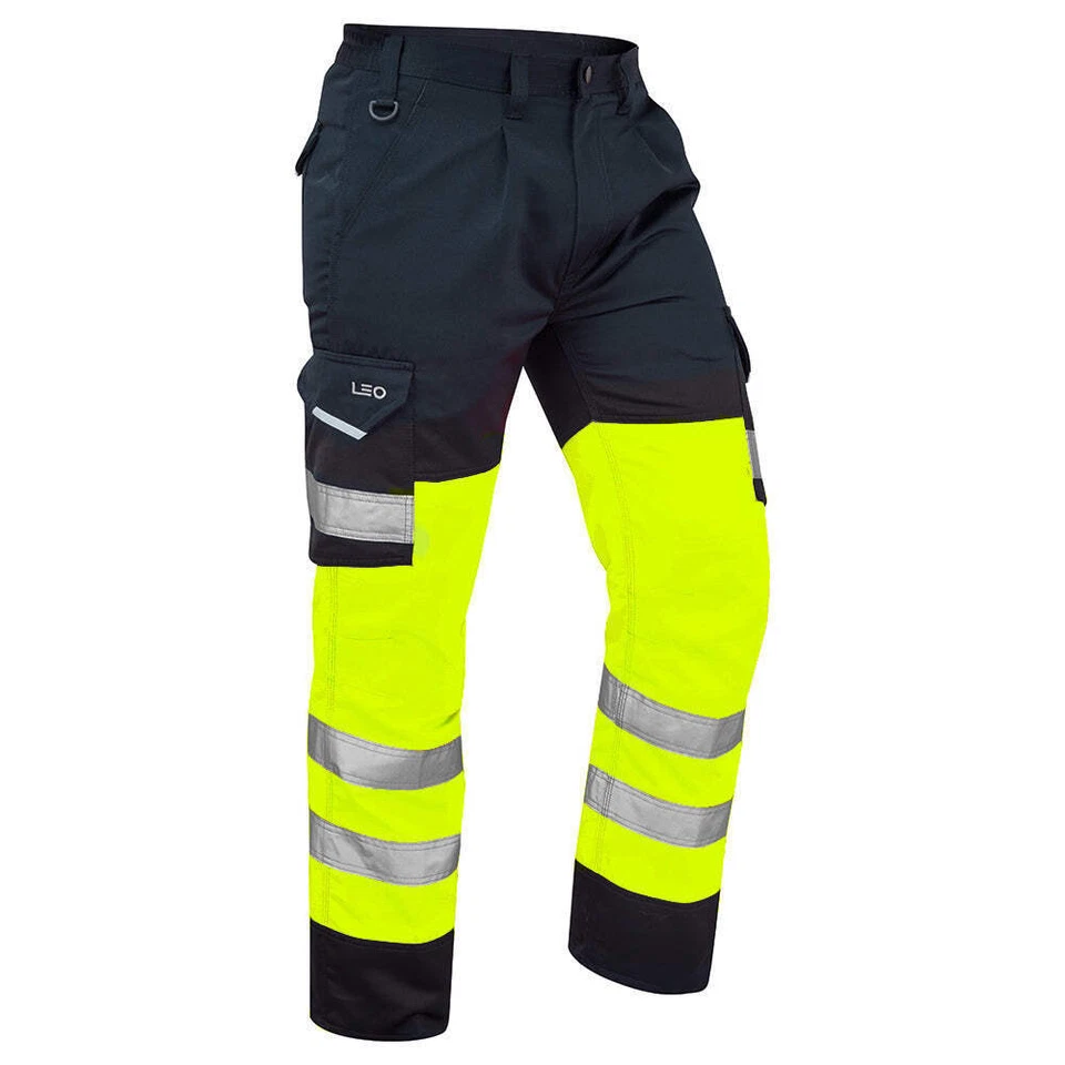 Leo Workwear BIDEFORD Leo EcoViz Poly/Cotton Cargo Trouser - Hi-Vis Yellow/Navy