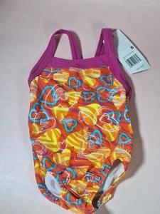 Speedo Girls One-Piece Swimsuit Size 6 - Heart Print With Pink Trim - Picture 1 of 3