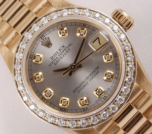 Rolex Lady Datejust 26 mm oro 18k President bisel de diamantes esfera plateada diamante - Imagen 1 de 7