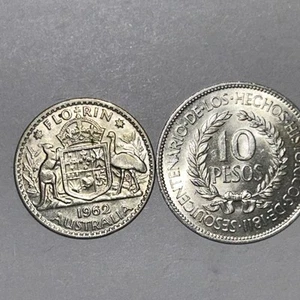 1962 Australian Florin And 1961 Uruguay 10 Pesos Scratched Silver Coins Lot (2) - Picture 1 of 2