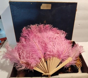 Antique Pink Feather Celluloid Hand Fan 1920s Flapper Girl Burlesque + FEATHERS - Picture 1 of 7