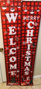 NEW 2pk Merry Christmas & Welcome Plaid Fabric Signs 12" x 72" Dowel & Grommets - Picture 1 of 6
