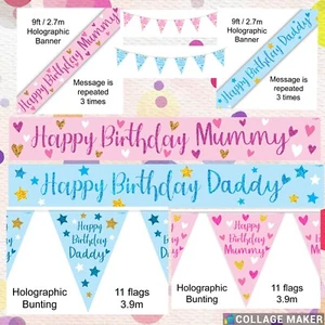 Banderines de fiesta feliz cumpleaños mamá ~ papá holográficos - Imagen 1 de 9