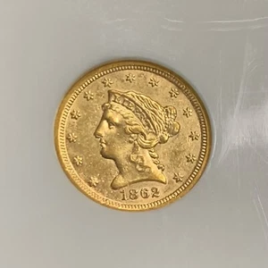 1862 S San Francisco $2.50 Coronet Head 90% Gold Quarter Eagle NGC AU53 Coin - Picture 1 of 12