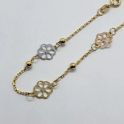 Pulsera tobillera con dije de flores de oro tricolor de 14K cadena alta pulida de 10 pulgadas para mujer Foto 1 de 4