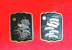 VINTAGE 1950's MOONLIT HILLSIDE INLAID SILVER - GOLD SHAKUDO EARRINGS - JAPAN - Picture 1 of 4