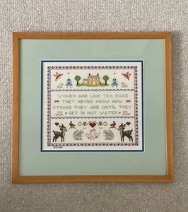 Cute 19” Framed Completed Cross Stitch “Women Are Like Teabags…” Animals VTG Y2K - Picture 1 of 3