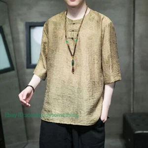 Para hombres Verano Estilo Chino Tang Traje Hanfu Camisa Manga Corta Talla Grande Retro - Imagen 1 de 26