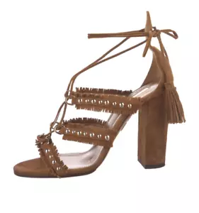 Aquazzura Firenze Tan Suede Lace-Up Sandals With Tassels & Studs 3.7" Block Heel - Picture 1 of 7
