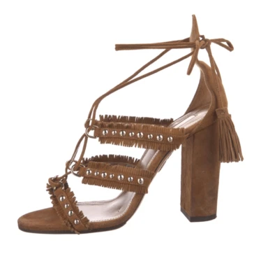 Aquazzura Firenze 棕褐色麂皮绒系带凉鞋带流苏和钉子 3.7 英寸方跟 — 第 1/4 张图片