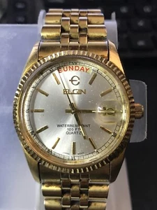 Elgin Presidential 35mm Day/Date Gold Plated Quartz Men Watch, RUN (Lot2273) - Picture 1 of 12