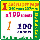 100 Sheets 1 Label Per Page 100 Labels 210X297mm Sharp Corner A4 Mailing Label