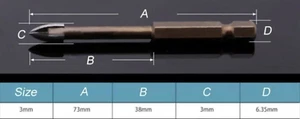 Broca de vidrio de 3 mm con punta de aleación de carburo de tungsteno y cabeza de lanza cruzada de vidrio - Imagen 1 de 1