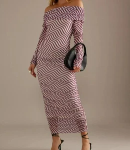 Anthropologie - Off The Shoulder Mesh Maxi Dress - Pink White - Small - Picture 1 of 5