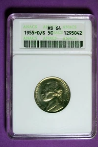 1955 - D/S ANACS MS64 JEFFERSON NICKEL!! #B28505 - Picture 1 of 2