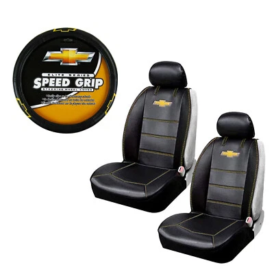 New Chevy Bowtie Car Truck 2 Front Sideless Seat Covers Steering Wheel Cover Set - Image 1 of 3