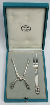 GEORG JENSEN DENMARK STERLING SILVER ACORN TONGS & FORK IN BOX - Image 1 of 4