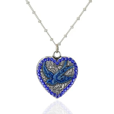 Anne Koplik Bluebird in My Heart Crystal Pendant Necklace Blue Enamel New York - Image 1 of 4