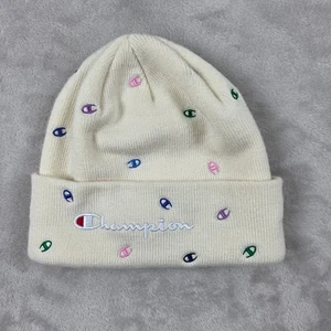 Champion Beanie Hat Mens One Size Cream White All Over Logo Knit Winter Casual - Picture 1 of 4