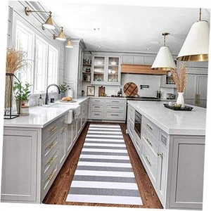 Grey and White Striped Runner Rug 2x8 Ft Washable Hallway Runner Rug - Picture 1 of 8
