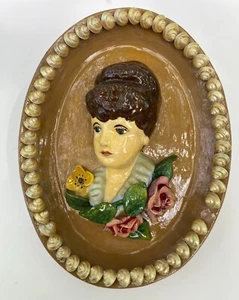 Vintage Chalkware Plaque Woman With Roses and Seashells 1950s-60s - Picture 1 of 4
