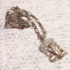 Silver JESUS FACE Pendant 24" Figaro Chain Hip Hop Fashion Necklace Silver tone - Picture 1 of 4