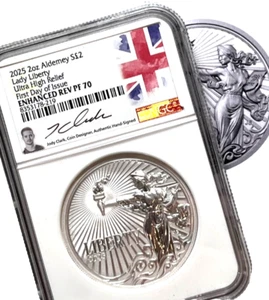 2025 ALDERNEY UK £2 Lady Liberty 2 Oz SILVER UHR Rev Proof NGC ENH REV PF70 FDOI - Picture 1 of 5