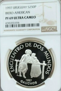 1997 URUGUAY SILVER 250 PESOS IBERO AMERICAN GAUCHOS NGC PF 69 ULTRA CAMEO RARE - Picture 1 of 4