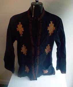 HUA SHAO Long Sleeved Chinese Style Jacket SZ 48 Black w/Rust and Gold Print - Picture 1 of 5