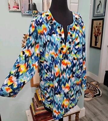Blusa Top August Seda Multicolor Cuello en V Manga 3/4 Campesina Boho Otoño Talla XL Foto 1 de 4