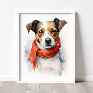 Jack Russell in a Winter Scarf Print, Watercolour Painting, Pet Portrait - Picture 1 of 10