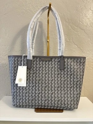 Bolso de Mano Tory Burch Pequeño Siempre Listo Estampado Tejido de Cesta Cremallera con Bolsa ~NUEVO CON ETIQUETAS~ Zinc Foto 1 de 4