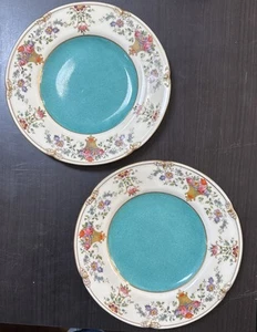 2 Antique Wedgwood Plates Flowers Baskets Aqua 9 Inch England - Picture 1 of 9