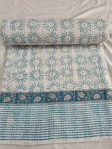 Indian Kantha Handmade Bedspread Quilt Hand Block Print King Size Blanket - Picture 1 of 4