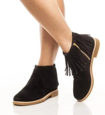 Kate Spade Betsie Ankle Boot 8 Too Suede Fringed Black Booties Womens Zip Up - Image 1 of 4